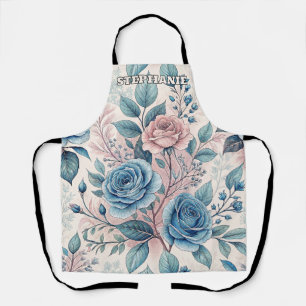Tablier Motif bleu et rose sur blanc doux