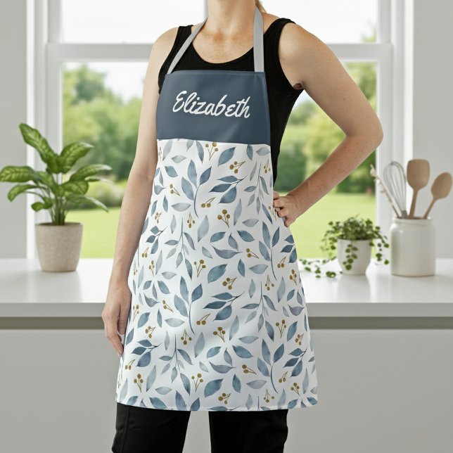 Tablier Motif botanique à l'aquarelle bleue avec nom perso (Créateur téléchargé)