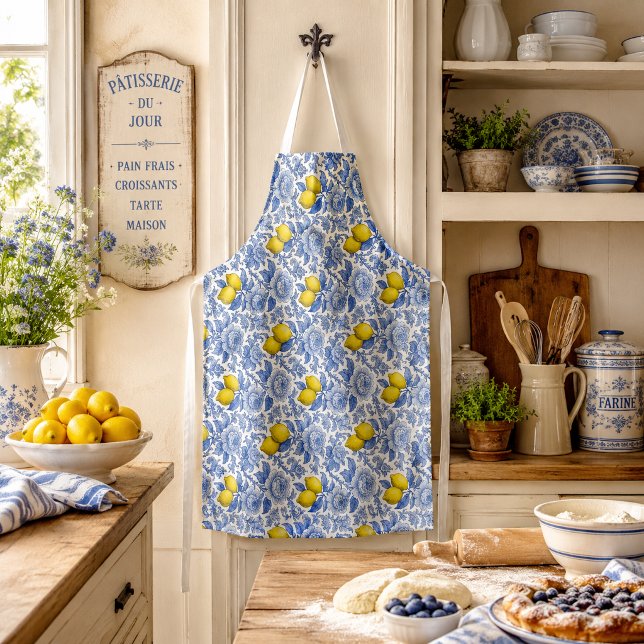 Tablier Motif botanique de citron bleu vintage (Créateur téléchargé)