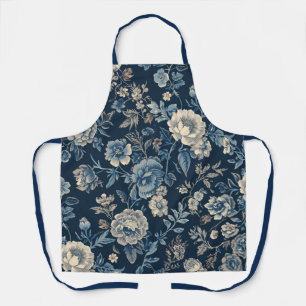 Tablier Motif botanique floral vintage bleu marine