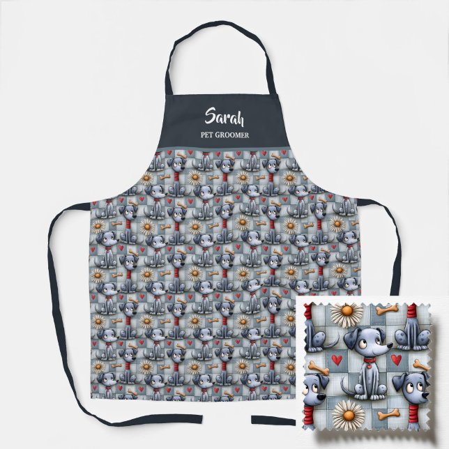 Tablier Motif Chien Patchwork Bleu Toiletteur pour Animaux (Créateur téléchargé)