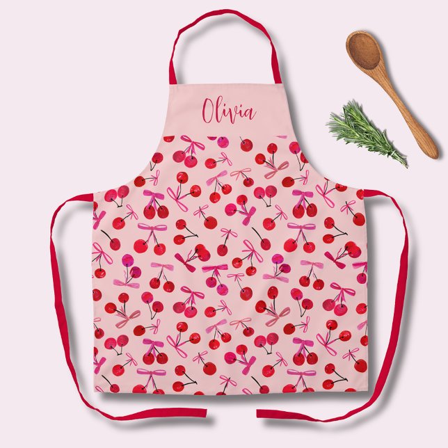 Tablier Motif Coquette Cherry & bow (Coquette cherry and bow girly pattern pink kitchen apron. Personalize with your own name or initials)