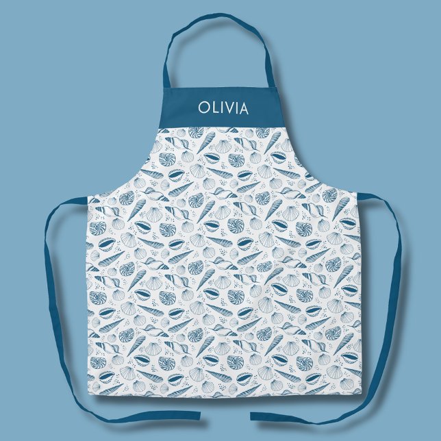 Tablier Motif côtier coquillage bleu (Blue and white coastal seashell personalized kitchen apron)