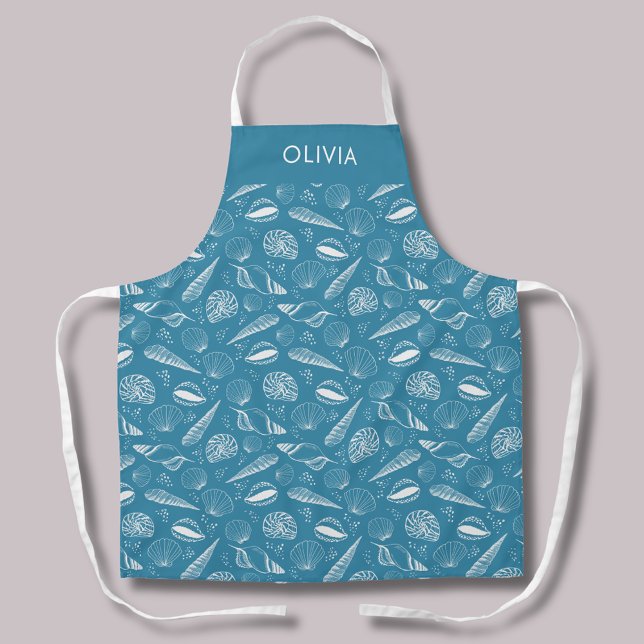 Tablier Motif côtier coquillage bleu (Blue coastal seashell personalized kitchen apron)