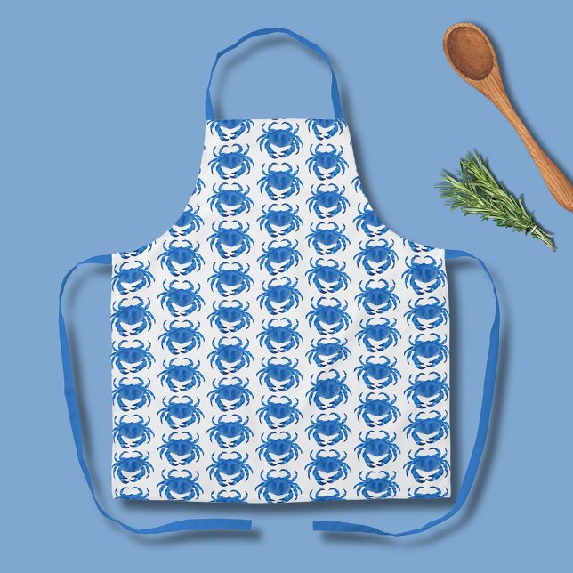 Tablier Motif Crabe Bleu (Blue crab pattern kitchen apron on white background. )