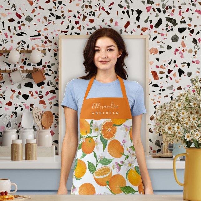 Tablier Motif d'agrumes orange personnalisé (Orange Citrus Watercolor Script Name Stylish Chef Apron)