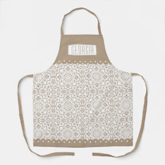 Tablier Motif damassé blanc taupe avec bordures de pétoncl