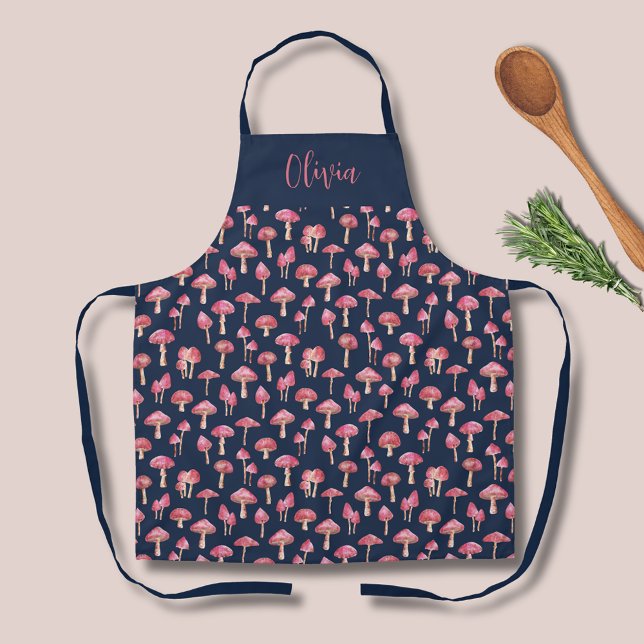 Tablier Motif d'aquarelle de champignon (Pink mushroom cottagecore kitchen apron on navy.  Personalize with your own name or text.)
