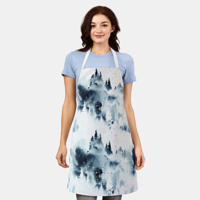 Tablier Motif d'aquarelle de la forêt bleue de minuit (Porté)
