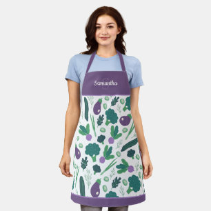 Tablier Motif d'aubergine et de brocoli avec nom pourpre a