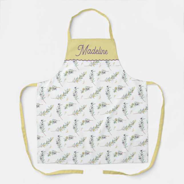 Tablier Motif de branche d'olive vert sauge avec nom perso (Recto)