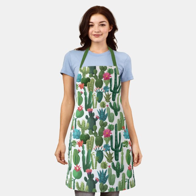 Tablier Motif de cactus Turquoises verts en fleurs (Porté)