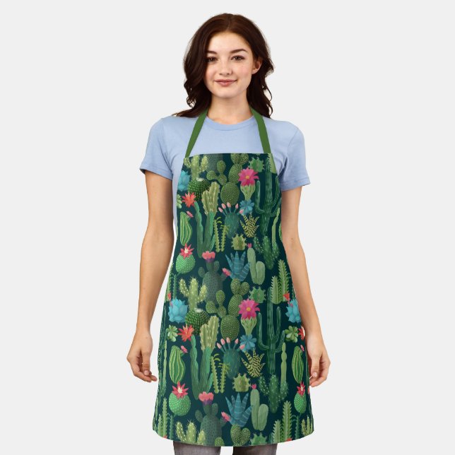 Tablier Motif de cactus Turquoises verts en fleurs (Porté)