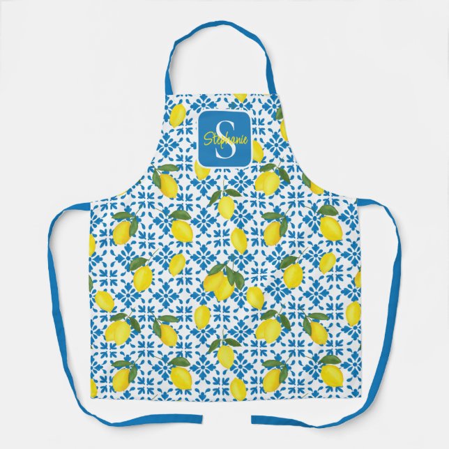 Tablier Motif de carreau français bleu avec nom monogrammé (Recto)