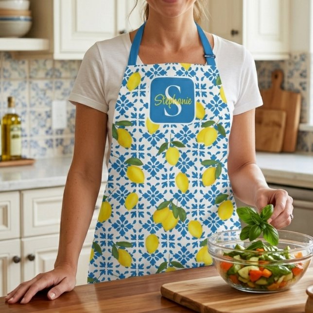 Tablier Motif de carreau français bleu avec nom monogrammé (Créateur téléchargé)