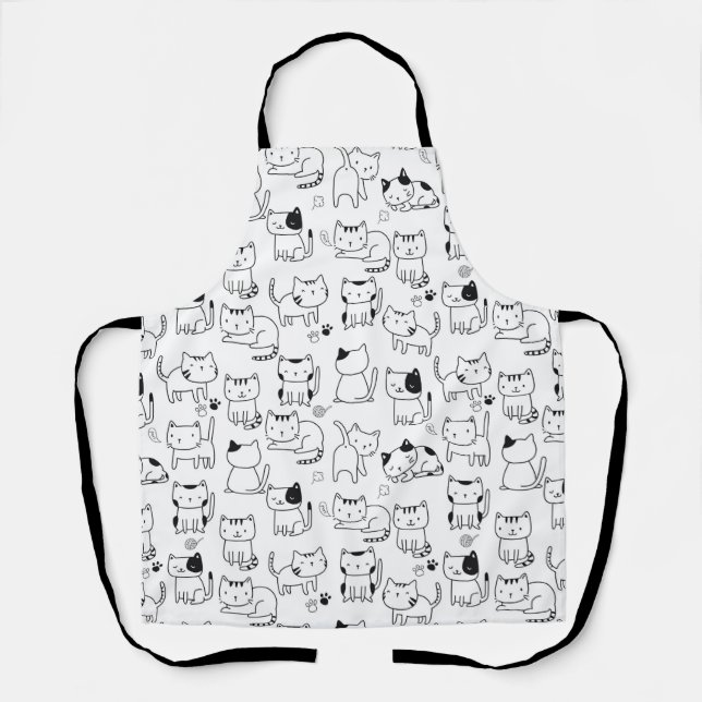 Tablier Motif de chats doodle noirs et blancs mignons (Recto)