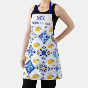 Tablier Motif de citron de pays français bleu avec monogra