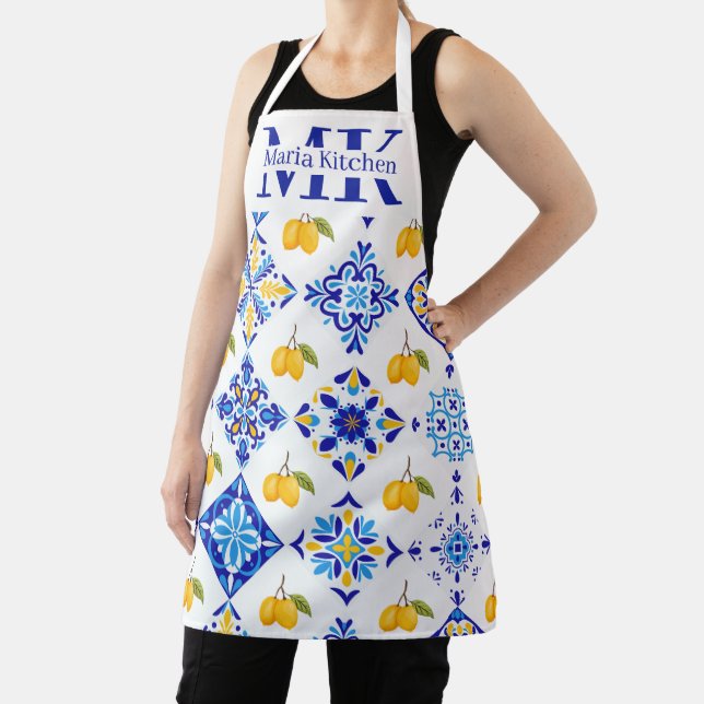 Tablier Motif de citron de pays français bleu monogramme n (Insitu)