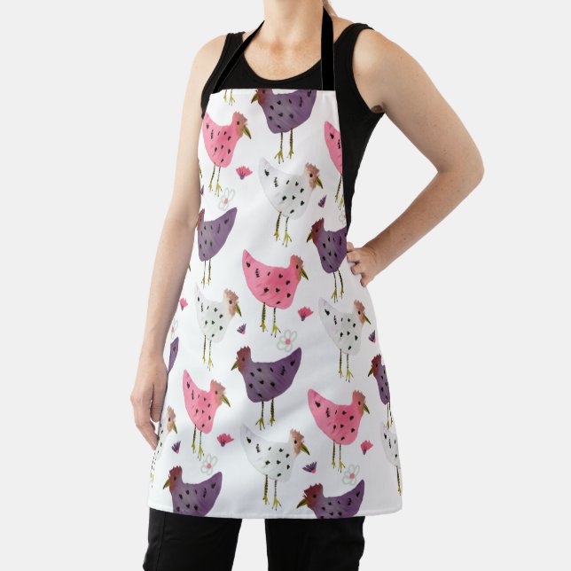 Tablier Motif de coq aquarelle rose violet (Insitu)