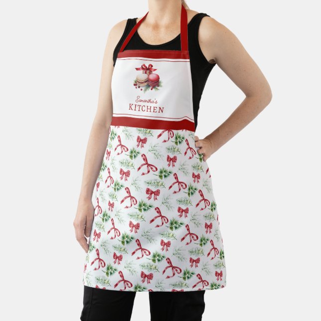 Tablier Motif de cuisine de Noël avec nom et verdure (Insitu)