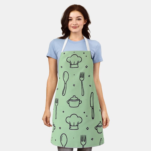 Tablier Motif de cuisine minimal noir et vert (Porté)