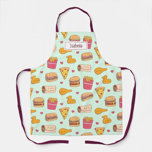 Tablier Motif de dessins mignons de fast-food avec nom (Recto)