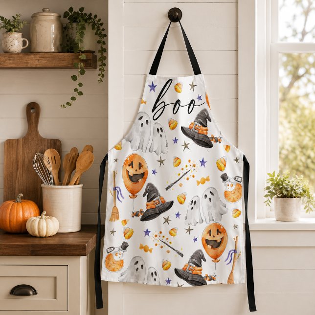 Tablier Motif de fantôme de citrouille d'Halloween à l'aqu (Bake up seasonal magic with this Boo cute watercolor Halloween ghost pumpkin pattern design. )