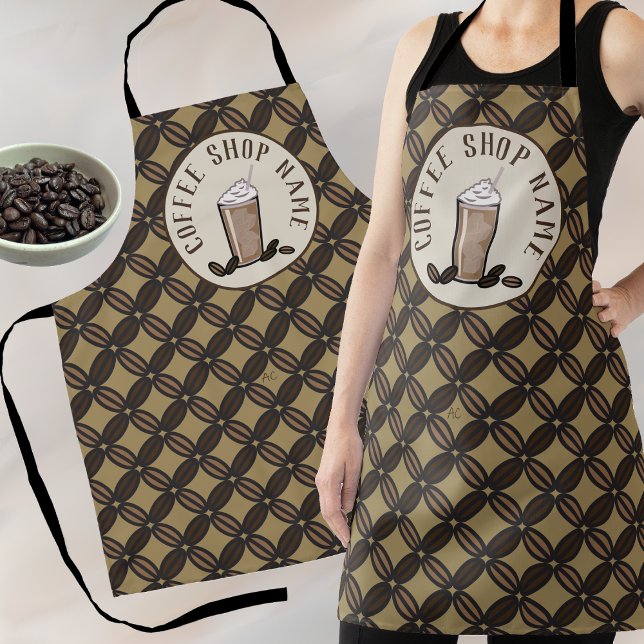 Tablier motif de fèves de café avec logo et nom (The perfect apron for your coffee chop employees . Other design available upon request .)