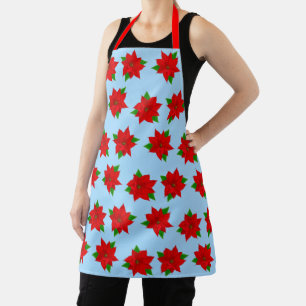 Tablier Motif de fleur de poinsettia de Noël sur fond bleu