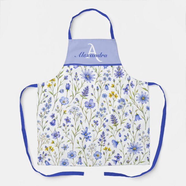Tablier Motif de fleur sauvage à l'aquarelle bleue Nom per (Recto)