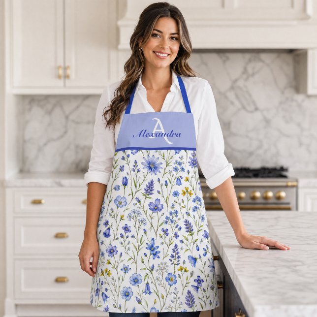 Tablier Motif de fleur sauvage à l'aquarelle bleue Nom per (Créateur téléchargé)