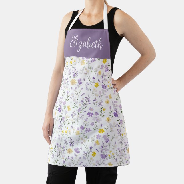 Tablier Motif de fleur sauvage violette et jaune avec nom  (Insitu)