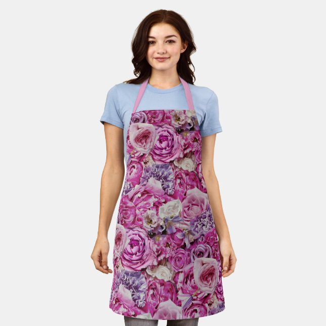 Tablier Motif de fleurs de rose lavande blanche rose (Porté)