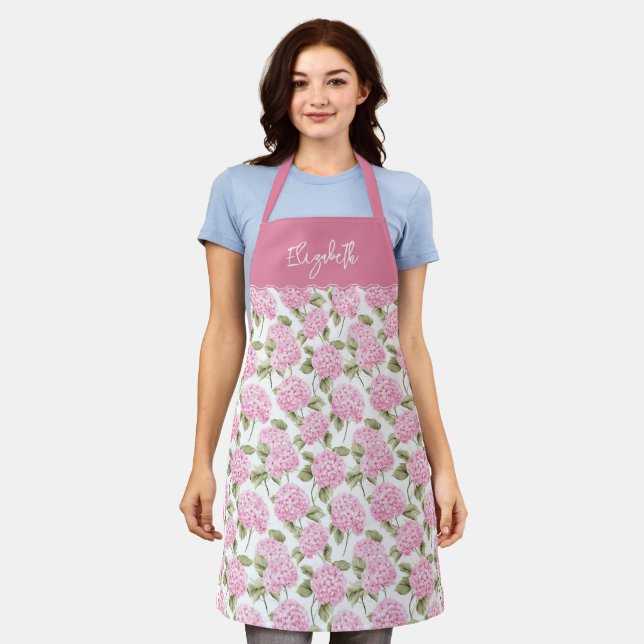 Tablier Motif de fleurs d'hydrangea rose élégant Nom (Porté)