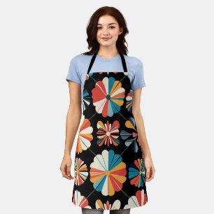 Tablier Motif de fleurs géométriques arc-en-ciel noir rétr