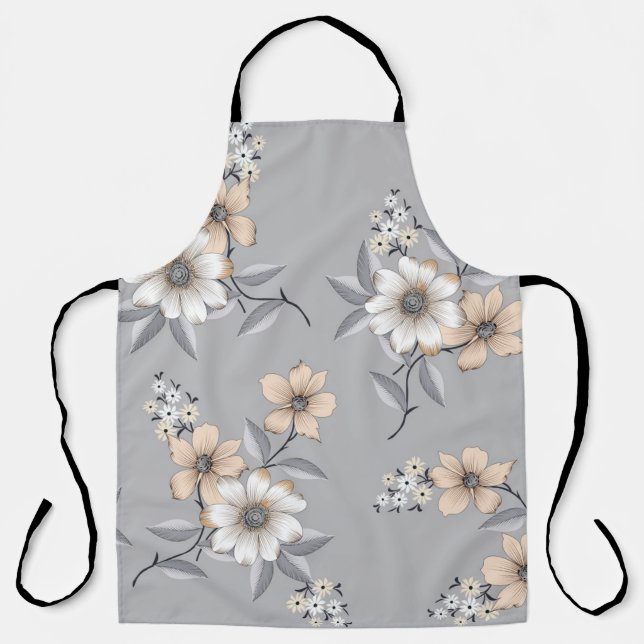 Tablier motif de fleurs grises et blanches sur fond gris (Recto)