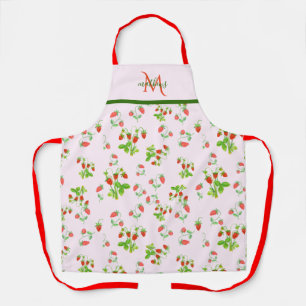 Tablier Motif de fraise à l'aquarelle Monogram sur rose