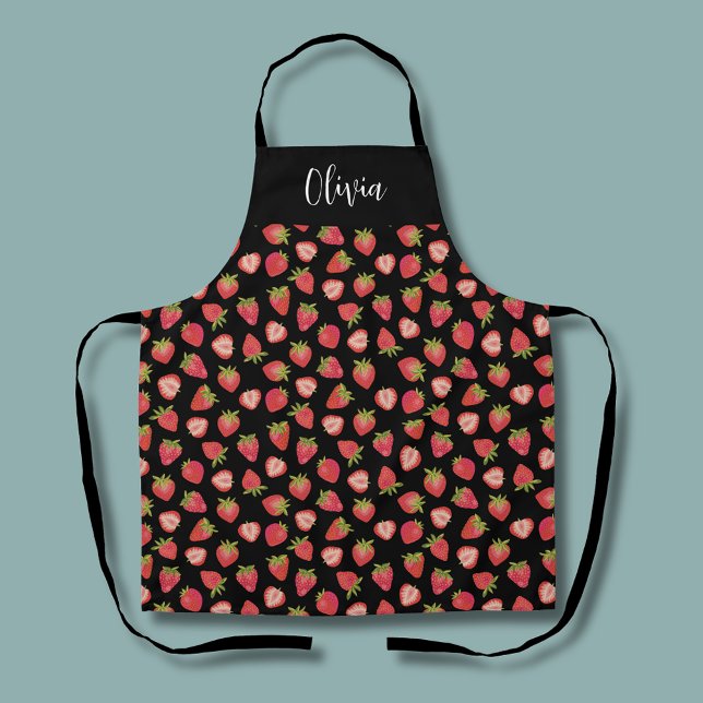 Tablier Motif de fraise amusant (Strawberry pattern personalized name apron.  Matching kitchen and homeware range available.)