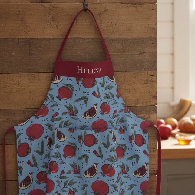 Tablier Motif de fruit de grenade bleu et rouge moderne (Modern Blue and Red Pomegranate Pattern Apron for Her for Rosh Hashanah & Nature Lover or Gardener)