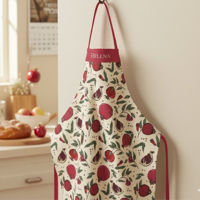 Tablier Motif de fruit de grenade rouge moderne (Modern Botanical Red Pomegranate Fruit Pattern Apron for Her. Elegant Pomegranates & Leaves Drawing)