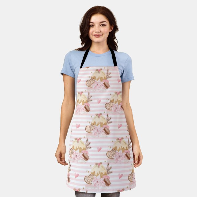 Tablier Motif de Noël de dessert d'hiver rayé rose (Porté)