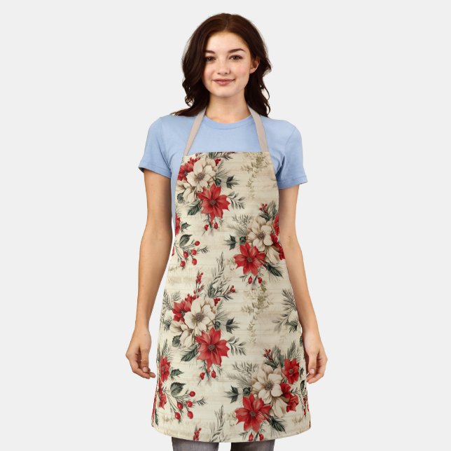 Tablier Motif de Noël d'inspiration vintage Poinsettias (Porté)