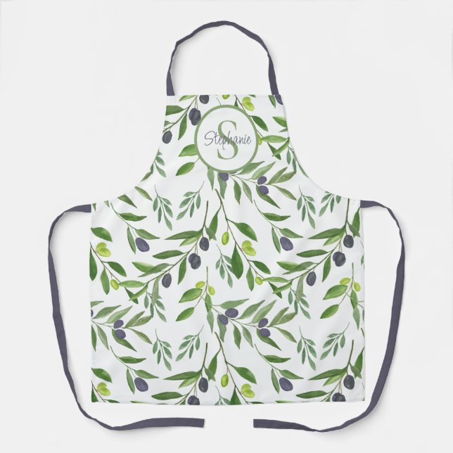 Tablier Motif de nom monogrammé à l'aquarelle olive (Recto)