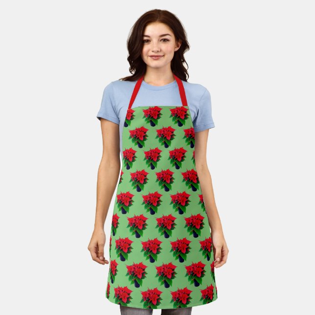 Tablier Motif de plante en pot de poinsettia vert et rouge (Porté)