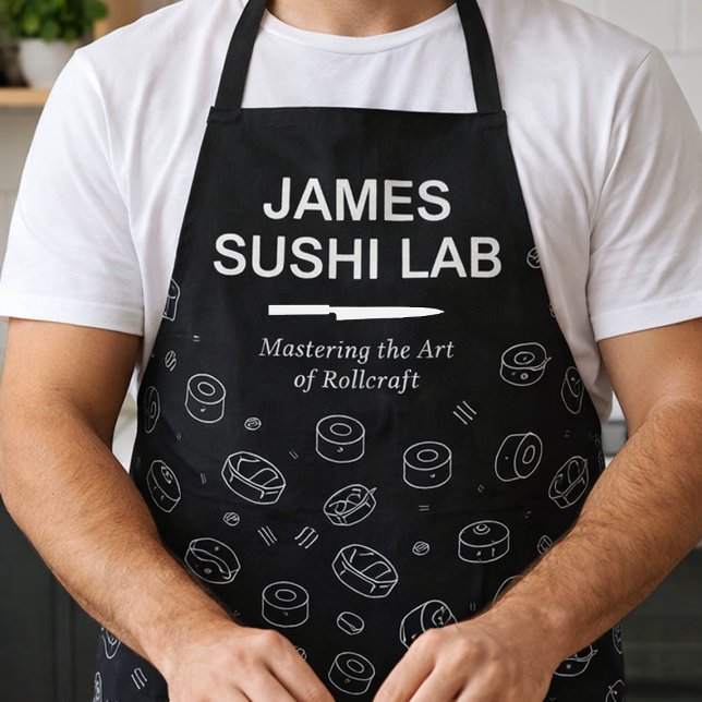 Tablier Motif de rouleau de sushi moderne avec typographie (Personalized sushi lab apron with custom name and sushi icons)
