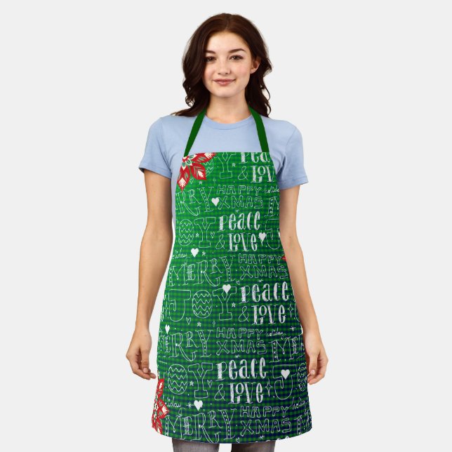 Tablier Motif de script de Noël de vacances vert festif  (Porté)