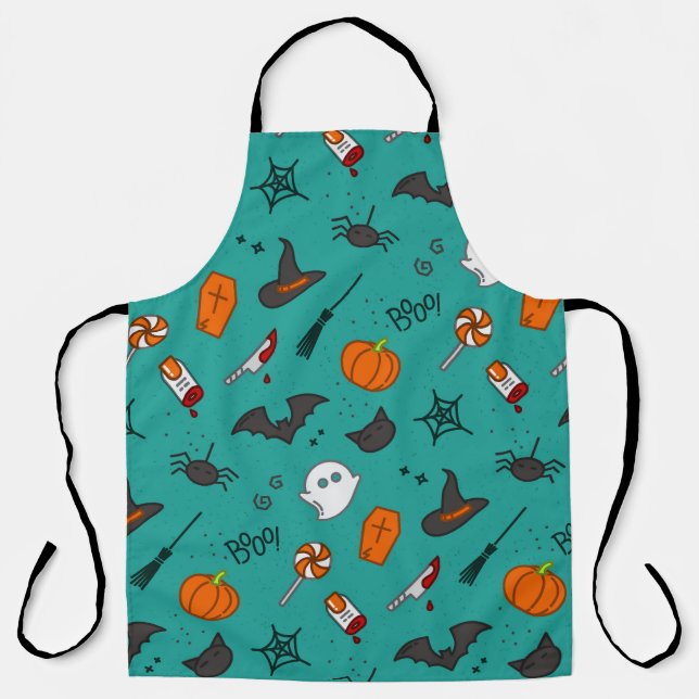 Tablier Motif de style plat Halloween Turquoise. (Recto)