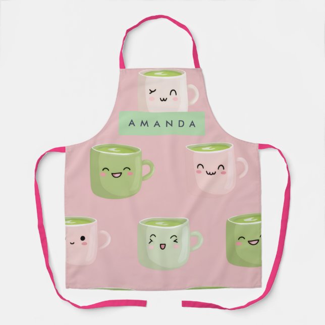 Tablier Motif de thé Pastel Kawaii Matcha personnalisé (Recto)
