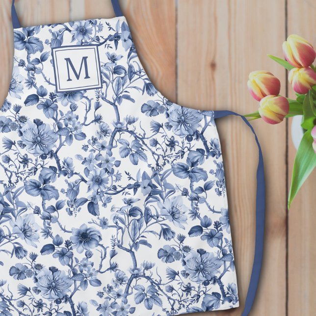Tablier Motif de toile de chinoiserie bleue monogramme (Créateur téléchargé)