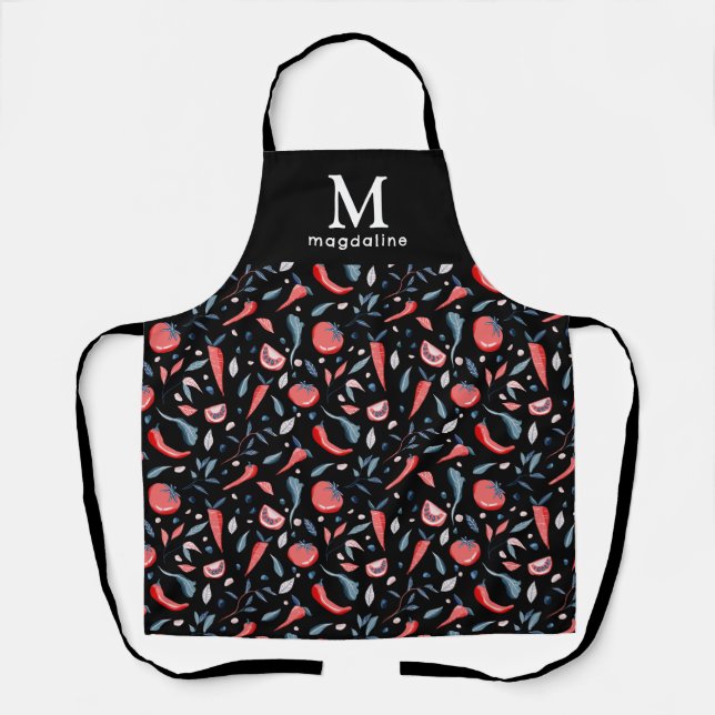 Tablier Motif de tomates Monogramme noir Nom végétable (Recto)